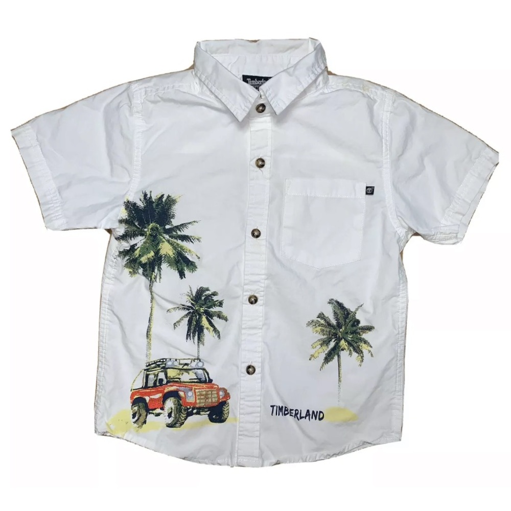 Timberland Boys Size 6 Short Sleeve Button Up - White w/ Palm Tree’s & Jeep